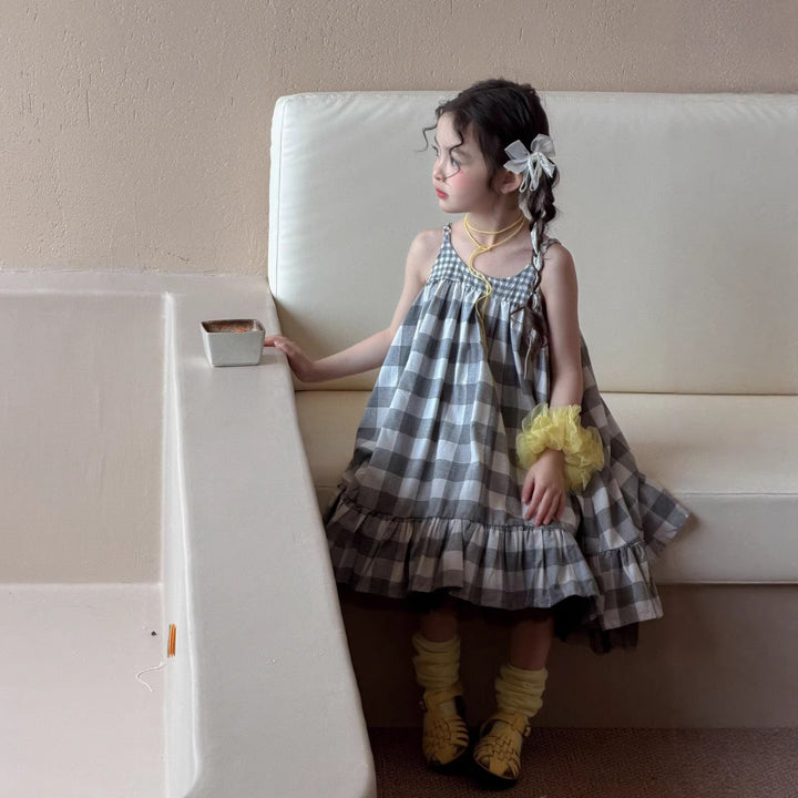 【90-150】フリルヘムギンガムチェックキャミワンピース