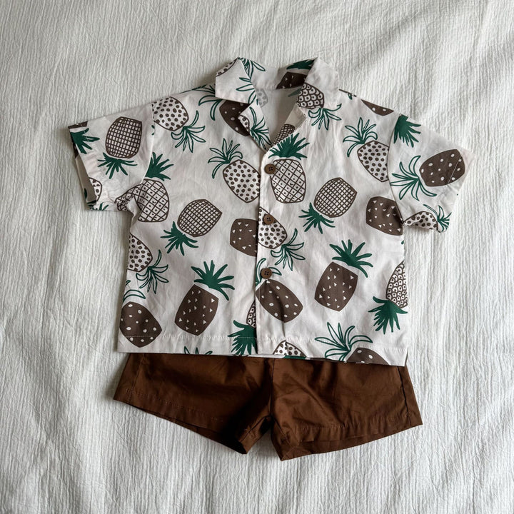【80-150】パイナップル柄シャツ×ハーフパンツセット