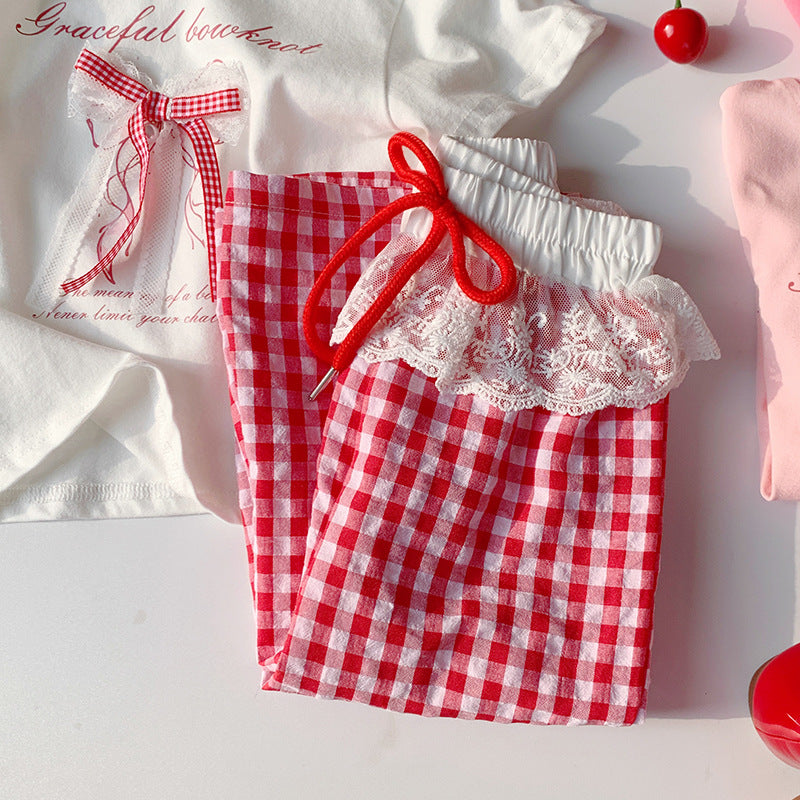 【90-150】ウエストレースギンガムチェックパンツ