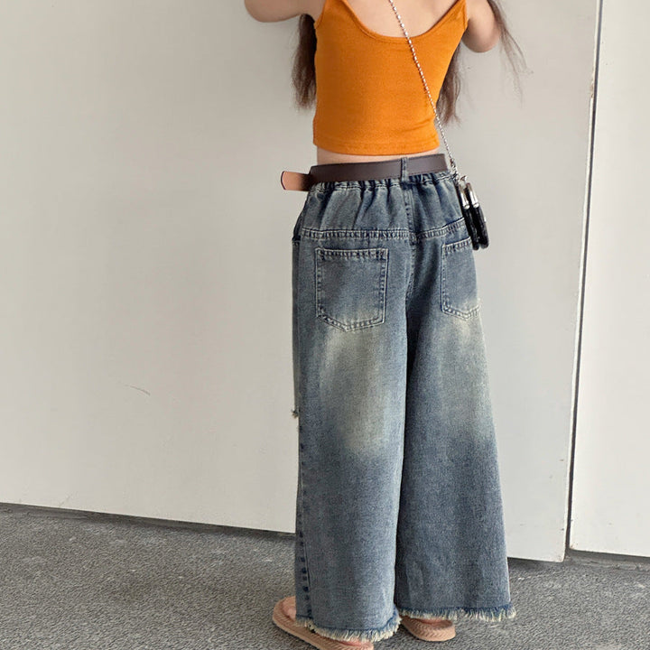 【100-150】クラッシュワイドデニムパンツ