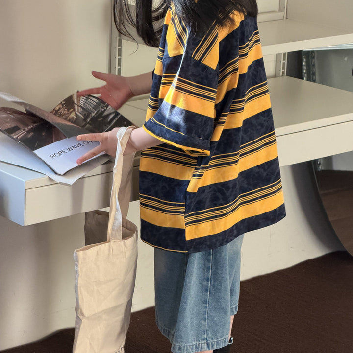 【100-150】英字ロゴデザインボーダー柄Tシャツ