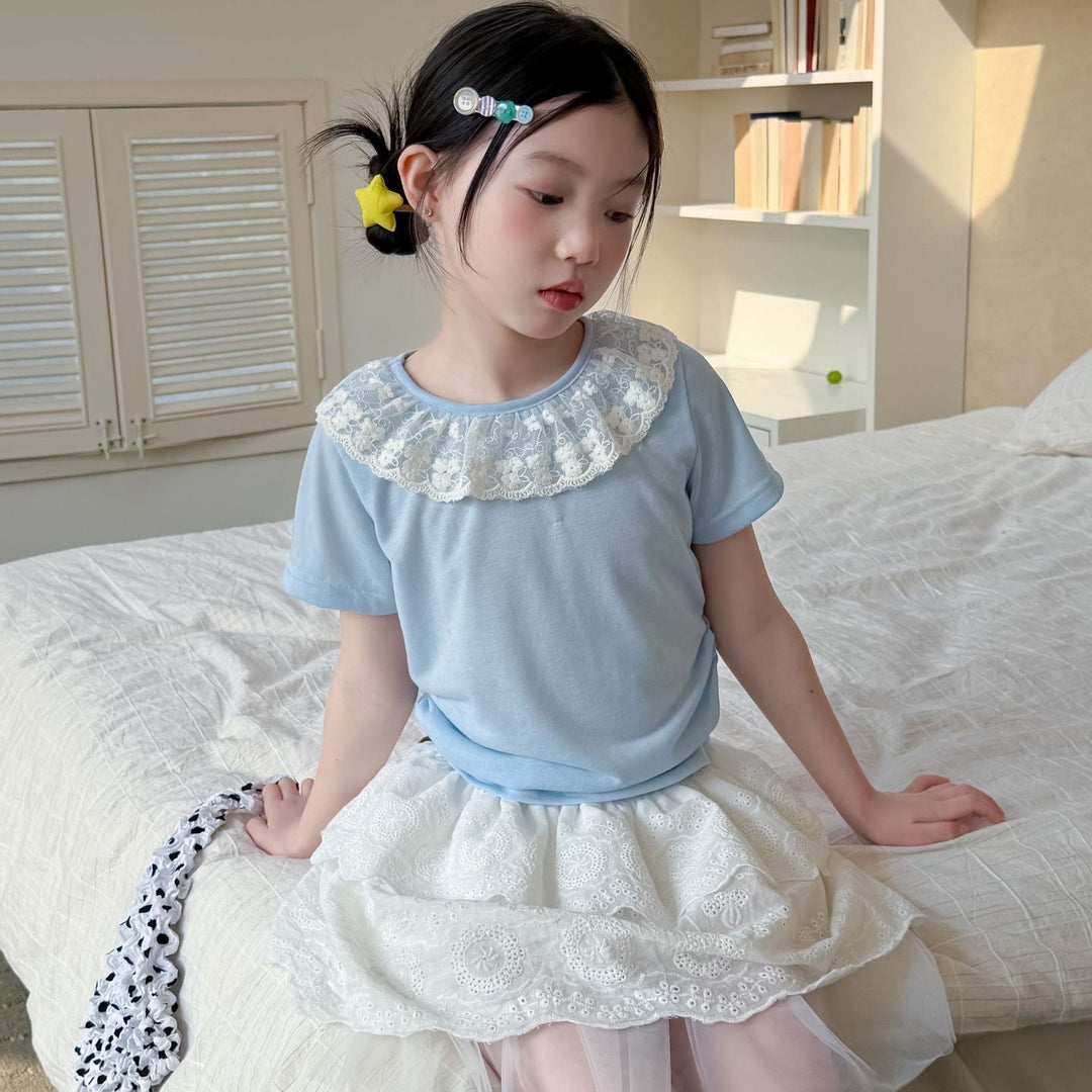 【100-150】レースラッフルカラーTシャツ