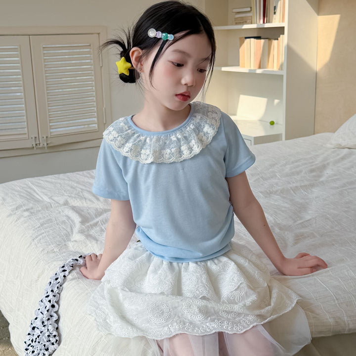 【100-150】レースラッフルカラーTシャツ