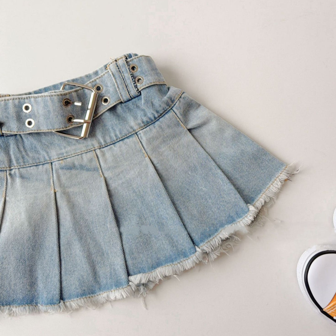 【90-150】カットオフデザインボックスプリーツデニムスカート