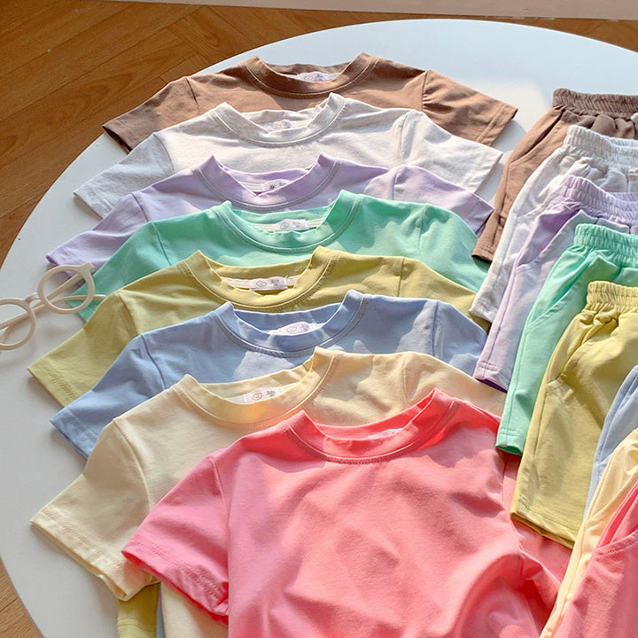 【90-150】シンプルカラーTシャツ×ハーフパンツセット