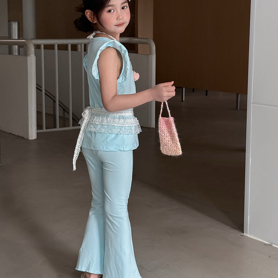 【90-140】ショルダーフリルノースリーブ×フレアパンツセット