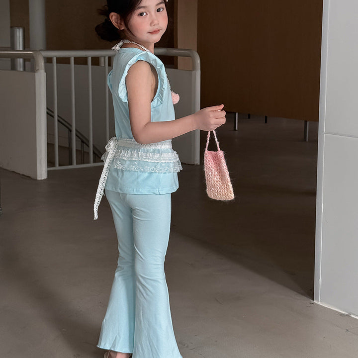 【90-140】ショルダーフリルノースリーブ×フレアパンツセット