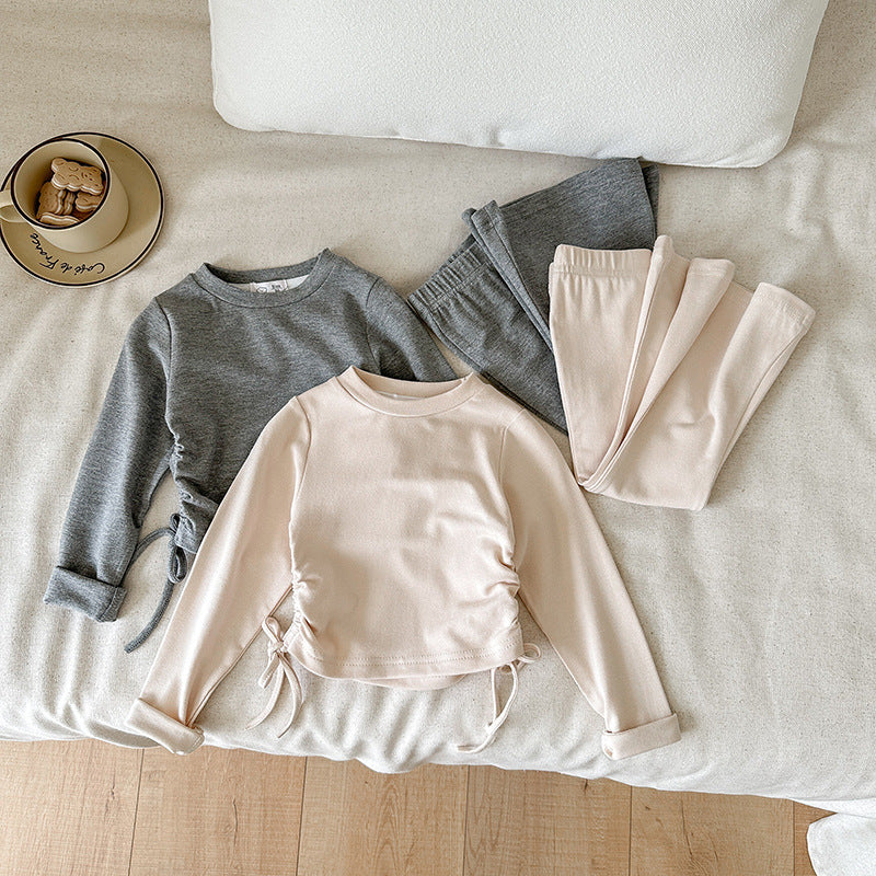 【90-140】ウエストシャーリングトップス×フレアパンツセット