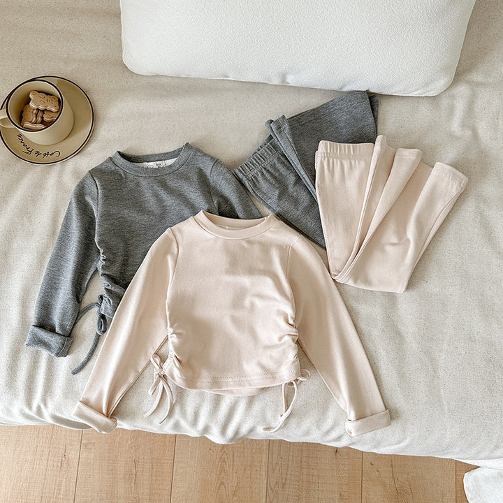 【90-140】ウエストシャーリングトップス×フレアパンツセット