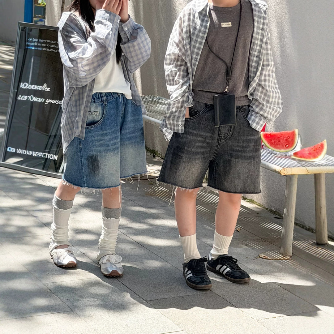 【100-150】カットオフデザインハーフデニムパンツ