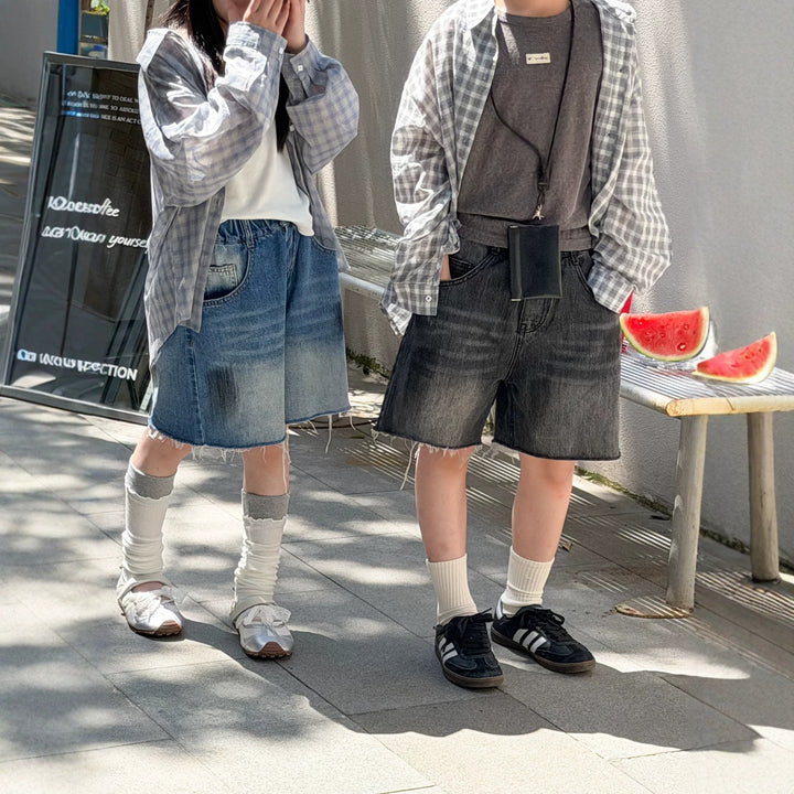 【100-150】カットオフデザインハーフデニムパンツ