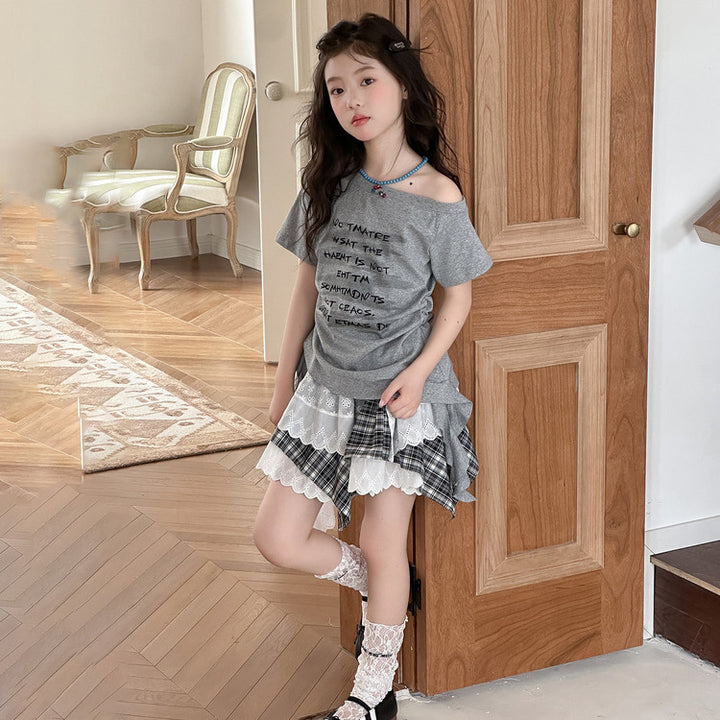 【120-150】英字ロゴウエストシャーリングTシャツ