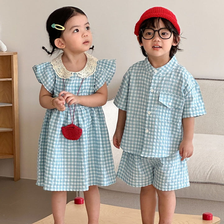 【80-150】レースカラーギンガムチェックワンピース