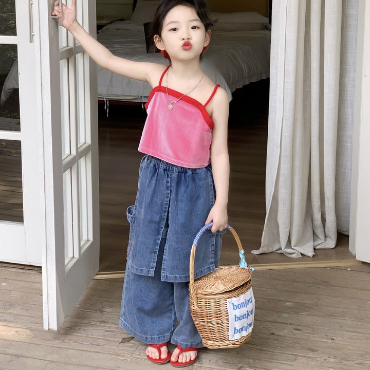 【90-140】スカートレイヤード風デニムパンツ