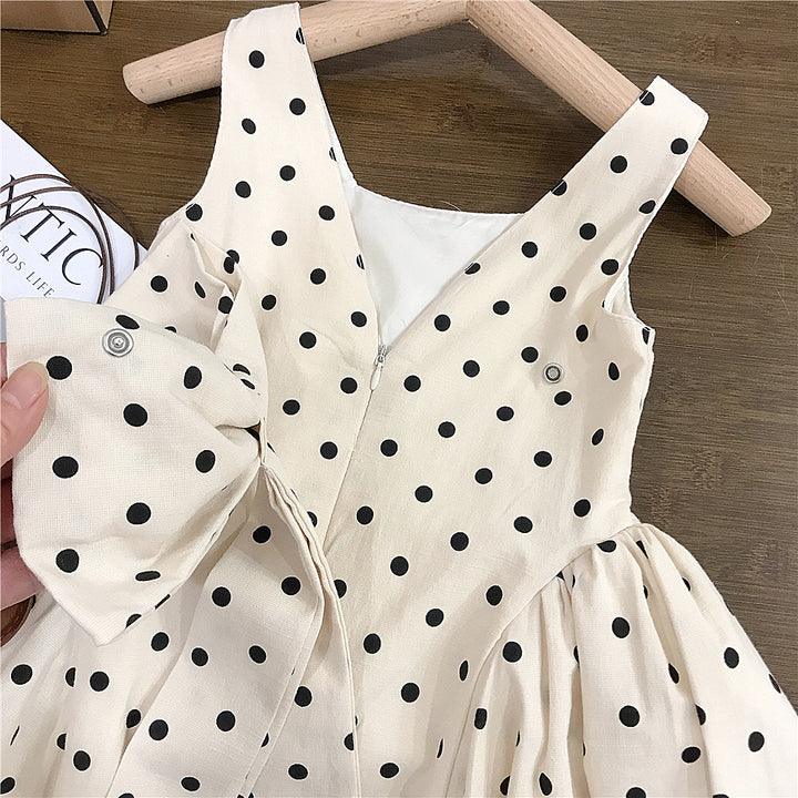 【90-140】取り外しリボン付きドット柄ワンピース