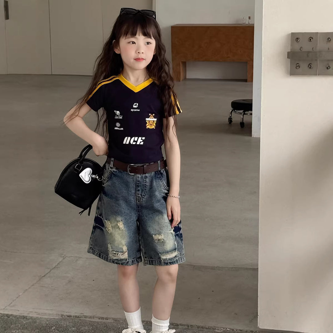 【100-150】ユニフォーム風VネックTシャツ