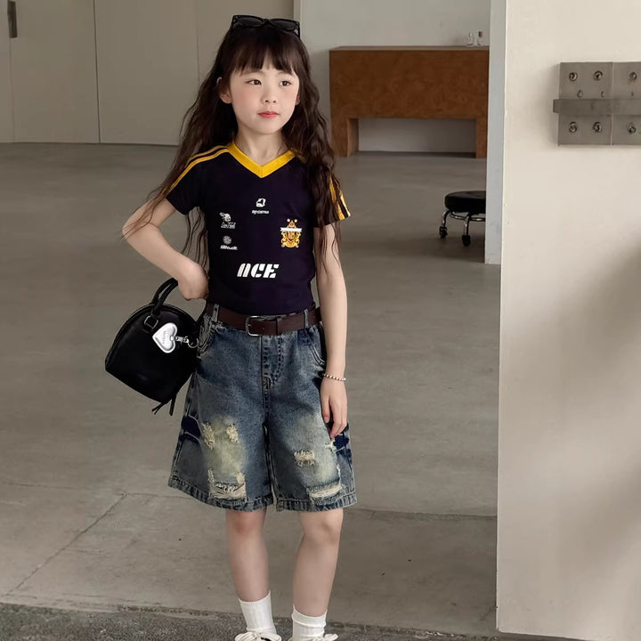 【100-150】ユニフォーム風VネックTシャツ