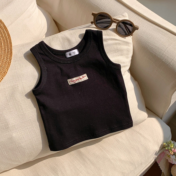 【90-150】ワンポイントワッペンノースリーブトップス