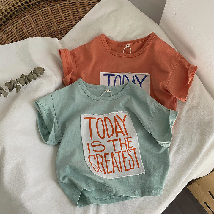 【80-120】ビッグ英字ロゴワッペンTシャツ