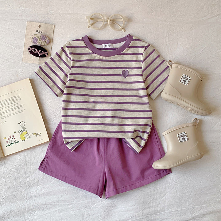 【90-150】ボーダー柄ワンポイントハートTシャツ