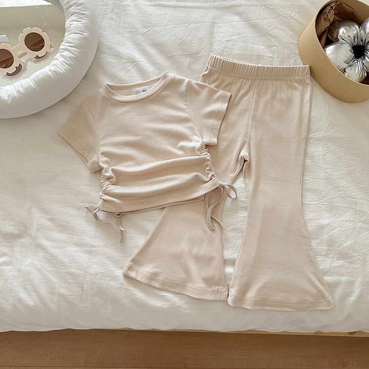 【90-140】ウエストシャーリングTシャツ×フレアパンツセット