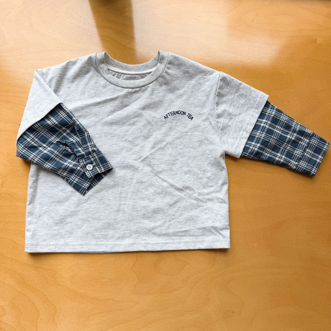 【80-150】バックプリントレイヤード風長袖Tシャツ