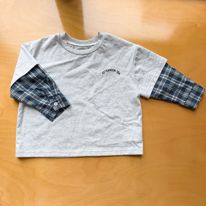 【80-150】バックプリントレイヤード風長袖Tシャツ
