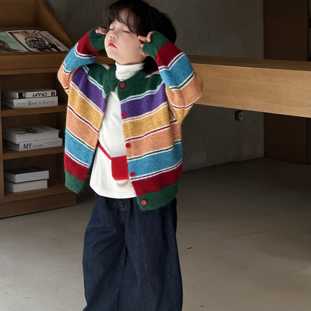 【90-150】カラフルボーダー柄カーディガン