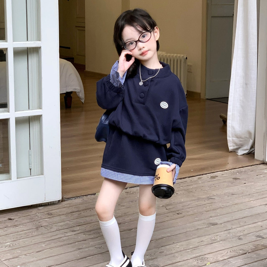 【90-140】デザイン切替長袖トップス×ミニスカートセット