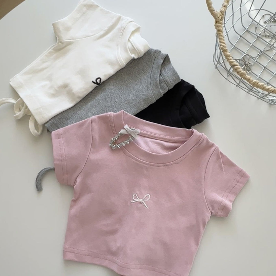 【90-140】フロントリボンバックオープンTシャツ