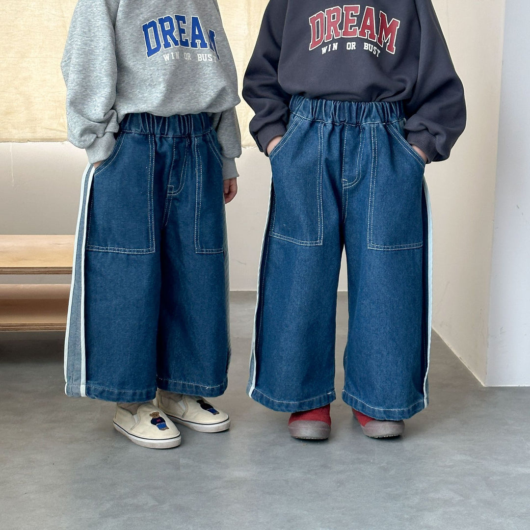 【80-150】ラインデザインワイドデニムパンツ