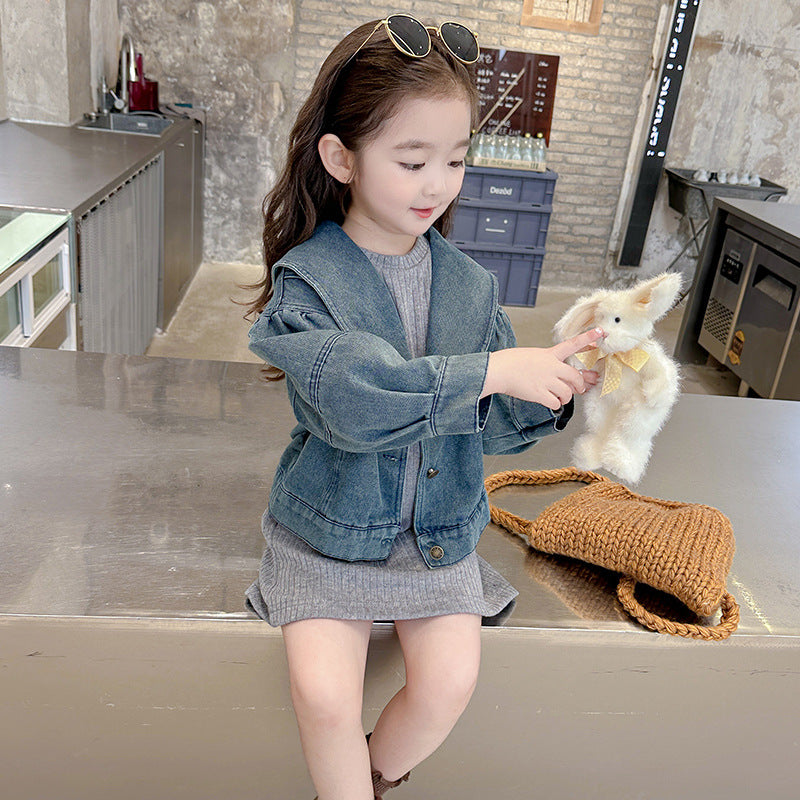 【90-140】ニットワンピース×デニムジャケットセット