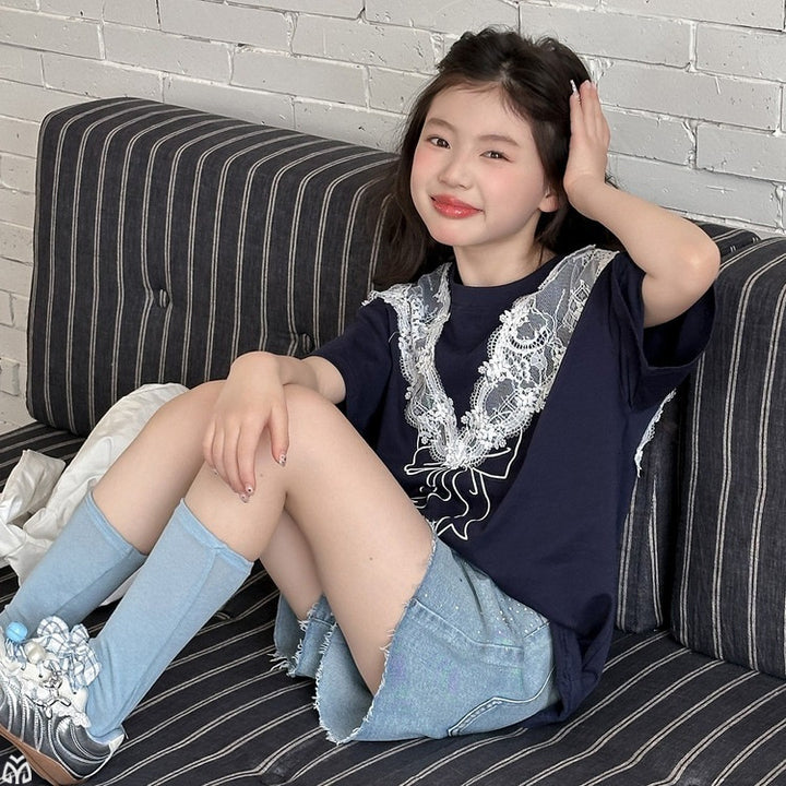 【120-150】レース＆リボンデザインTシャツ