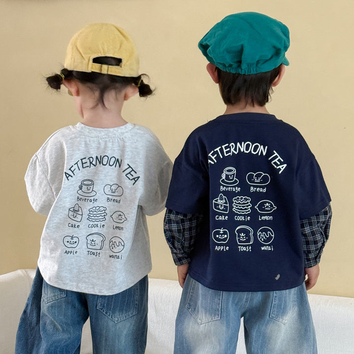 【80-150】バックプリントレイヤード風長袖Tシャツ
