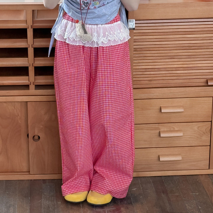 【90-150】ウエストレースギンガムチェックロングパンツ