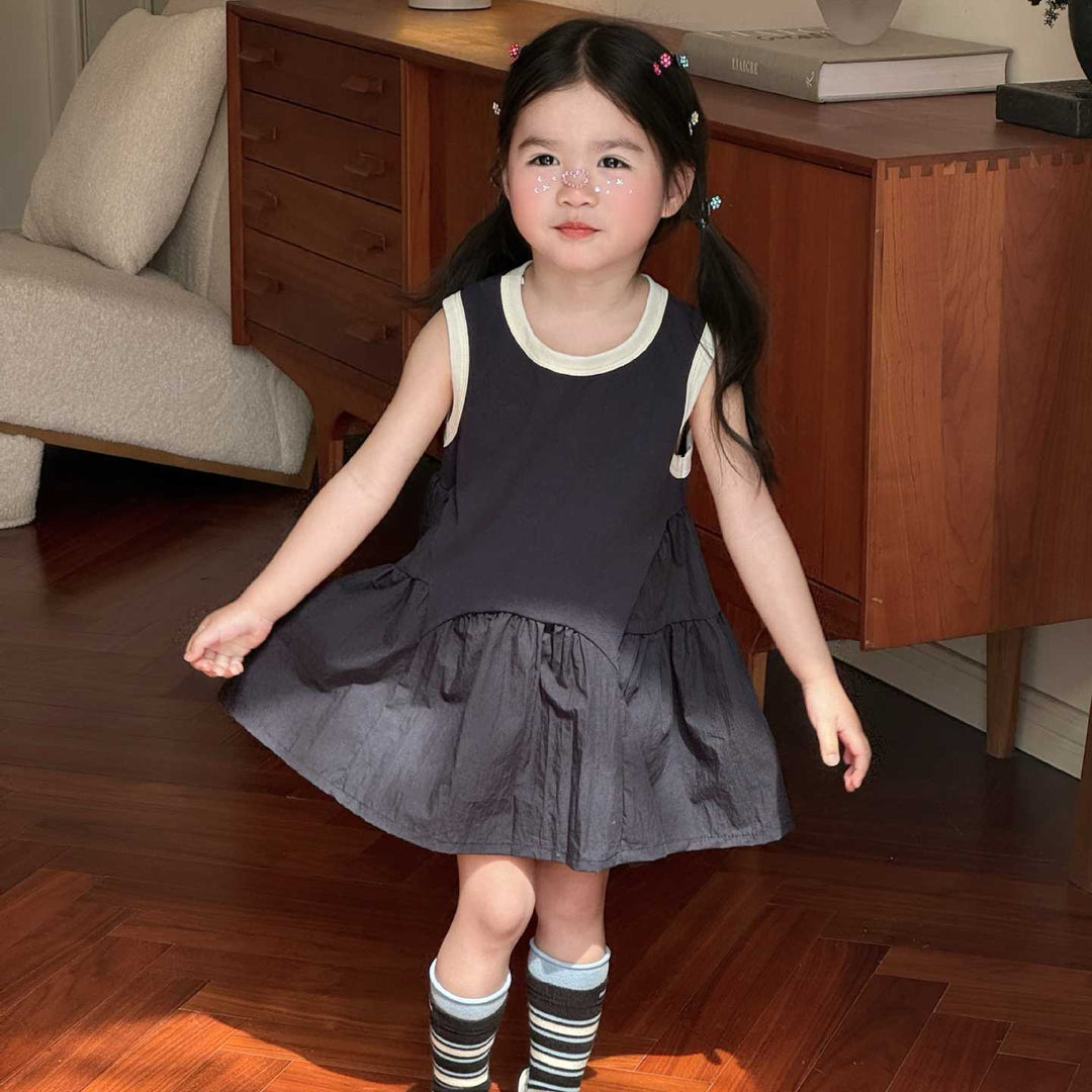 【90-140】デザイン切替バイカラーノースリワンピース