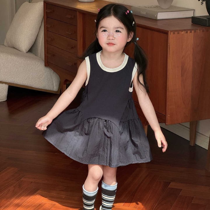 【90-140】デザイン切替バイカラーノースリワンピース