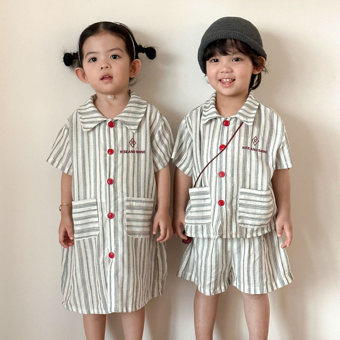 【80-150】ストライプデザイン半袖セットアップ