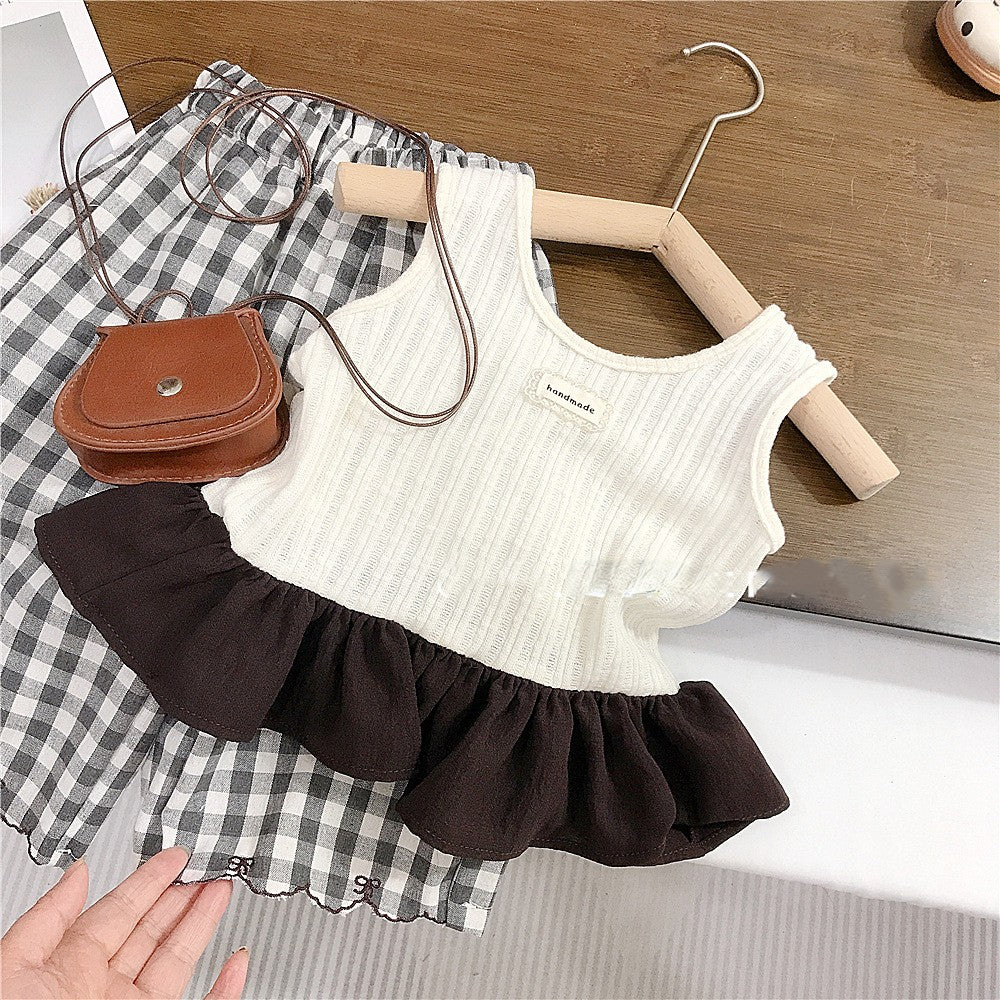 【90-140】フリルヘムトップス×チェック柄ロングパンツセット