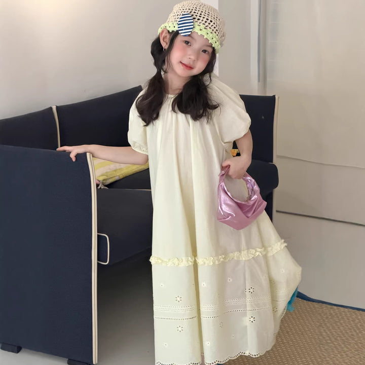 【100-150】レースデザインパフスリーブワンピース