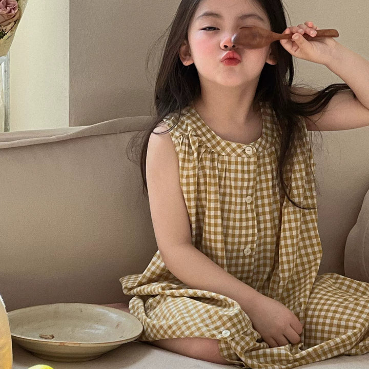 【90-150】ギンガムチェックノースリーブシャツワンピース