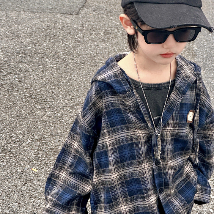 【90-140】フード付きチェック柄シャツ×カジュアルパンツセット