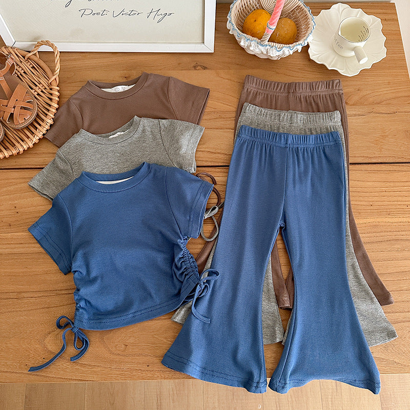 【90-140】ウエストシャーリングTシャツ×フレアパンツセット