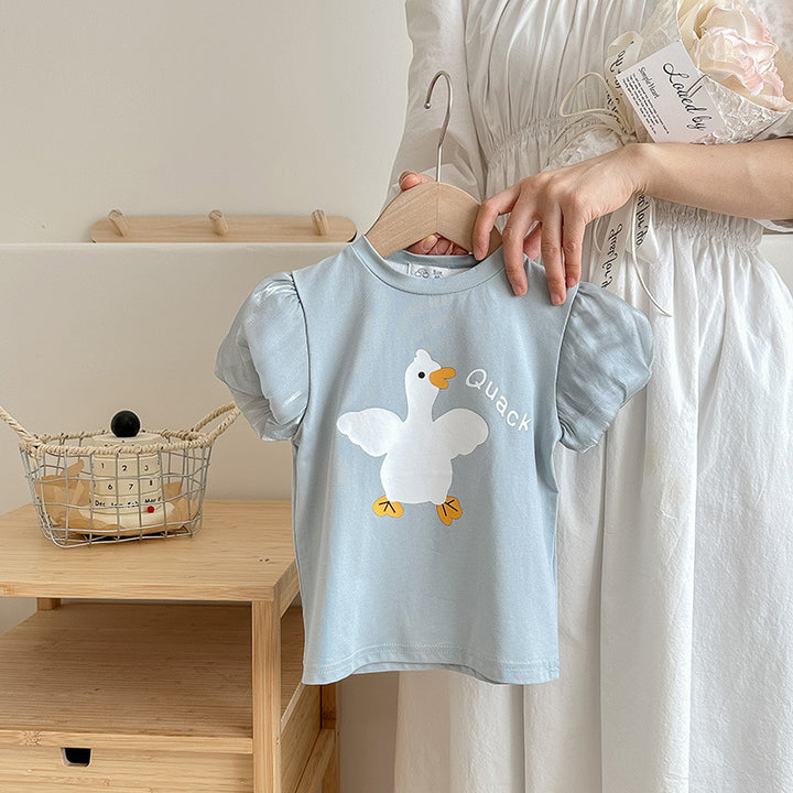 【90-140】フロントデザインパフスリーブTシャツ