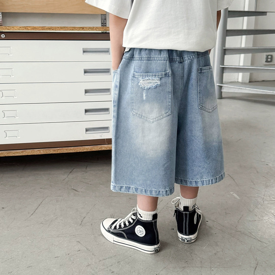 【90-150】ダメージ加工ミドル丈デニムパンツ