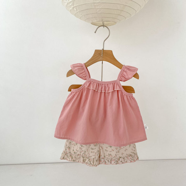 【73-110】フリルキャミソール×小花柄ショートパンツセット