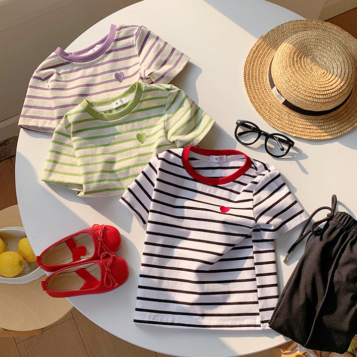 【90-150】ボーダー柄ワンポイントハートTシャツ