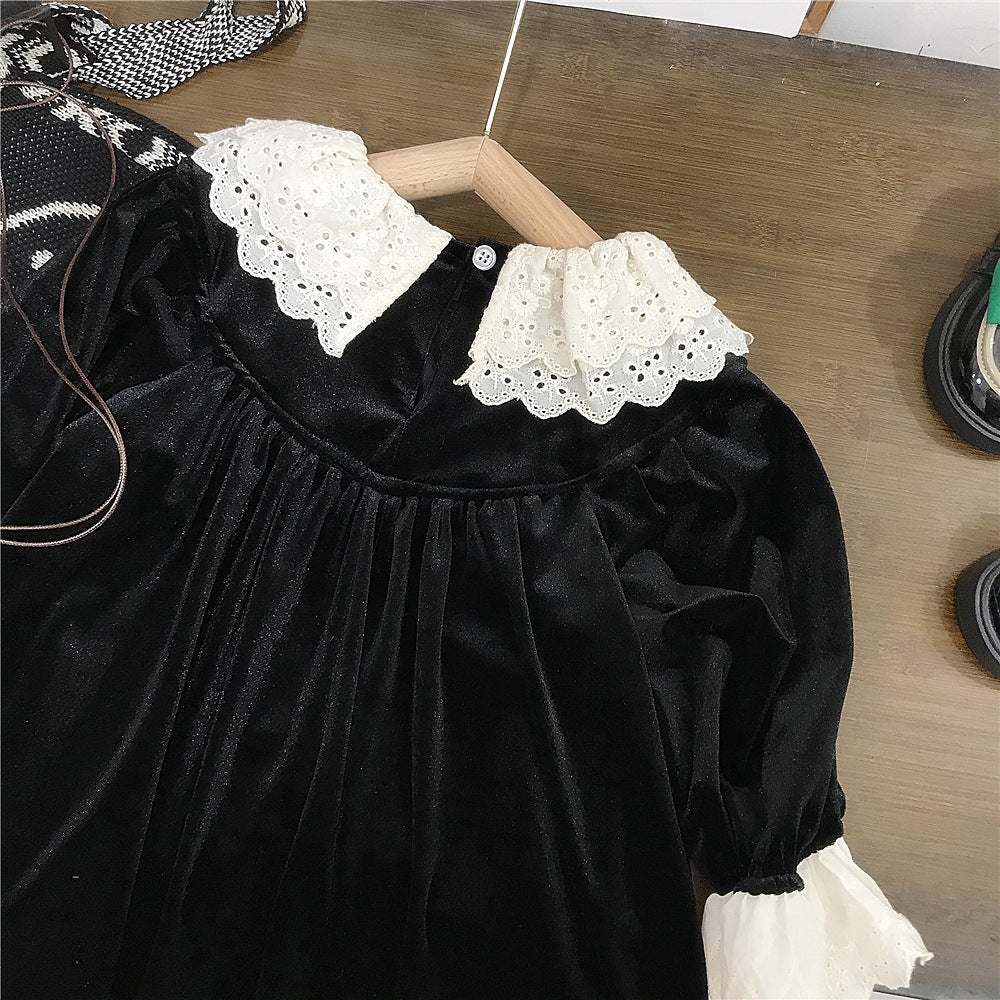 【90-140】レースデザイン長袖ワンピース