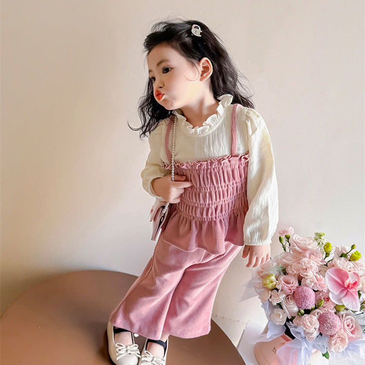 【90-140】レイヤード風トップス×フレアロングパンツセット