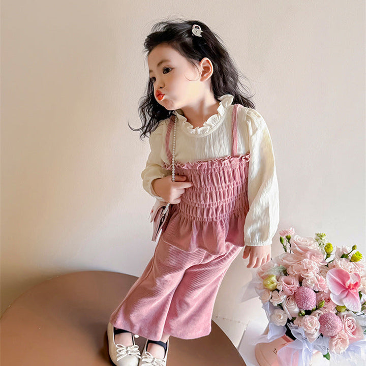 【90-140】レイヤード風トップス×フレアロングパンツセット